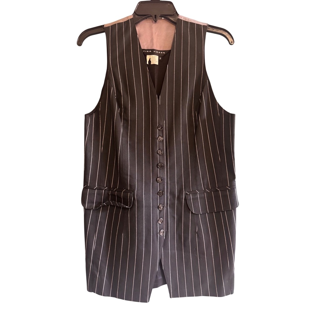 Tina Hagen Womens Pinstripe Longline Vest Black White Button Front Size S USA